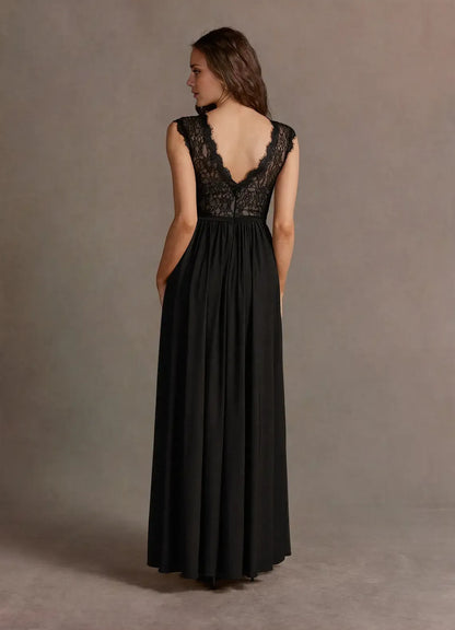 Dress Elegant Black Boat Neck Lace Appliques Maxi Dress Sleeveless Slit A-Line V Back Prom Dress