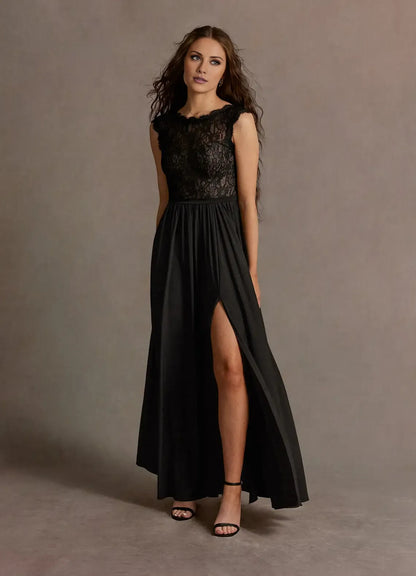 Dress Elegant Black Boat Neck Lace Appliques Maxi Dress Sleeveless Slit A-Line V Back Prom Dress