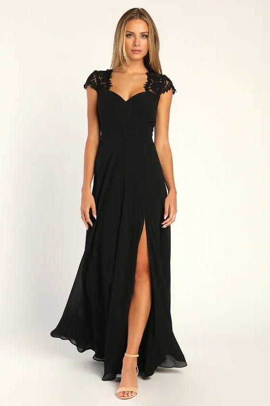 Dress Elegant Black Lace Backless Maxi Dress Evening Dress A-line Cap Sleeve Sweetheart Neck Slit Prom Dress