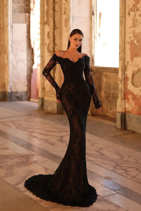 Dress Elegant Black Lace Long Sleeves Off the Shoulder Mermaid Maxi Dress Party Dress with Beadings Prom Dress