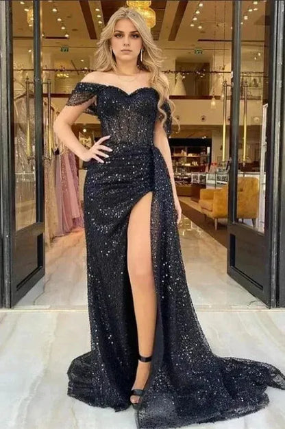 Dress Elegant Black Long Mermaid Off-the-shoulder Sequined Formal Prom Dress With Slit