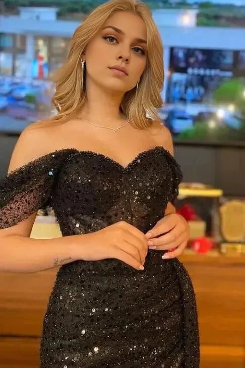 Dress Elegant Black Long Mermaid Off-the-shoulder Sequined Formal Prom Dress With Slit