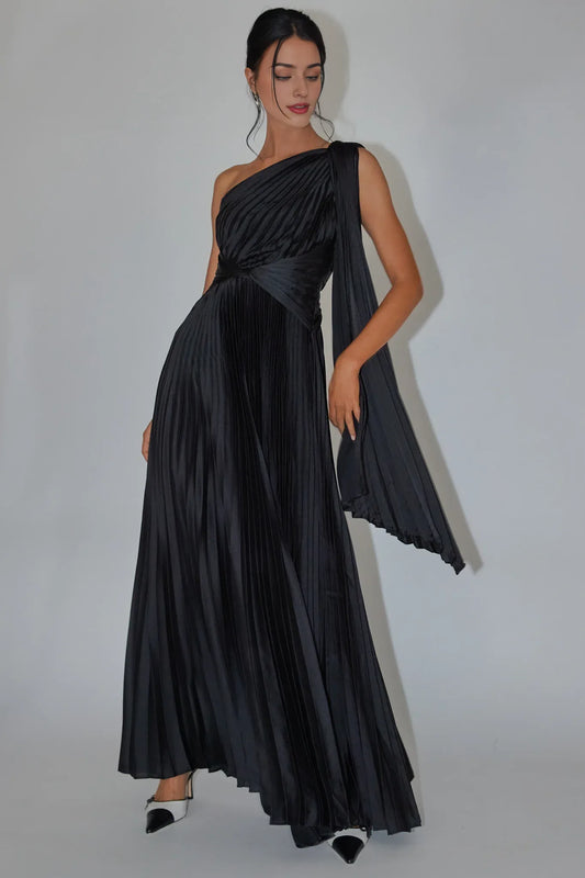 Dress Elegant Emerald Green Satin Gown One Shoulder Neck Pleated Wrap Around Sash and Floor Length Silhouette Prom Dress