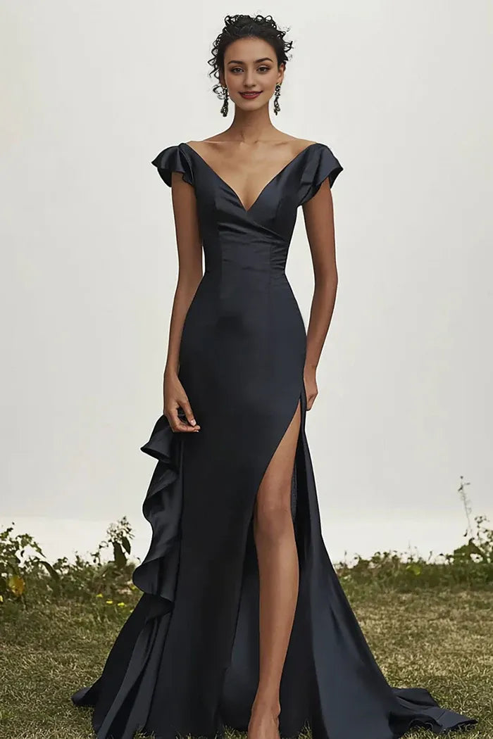 Dress Elegant Black V-Neck Mermaid Satin Prom Dress With Ruffles