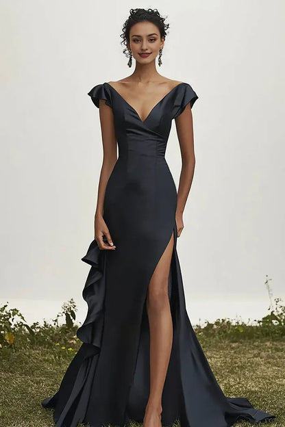 Dress Elegant Black V-Neck Mermaid Satin Prom Dress With Ruffles