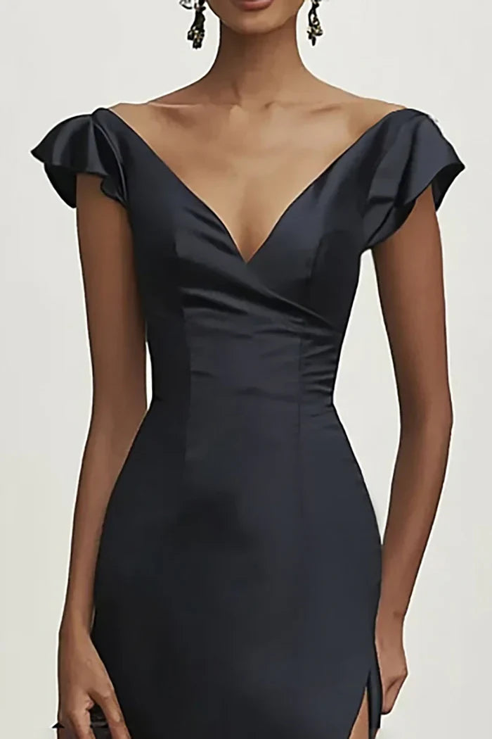 Dress Elegant Black V-Neck Mermaid Satin Prom Dress With Ruffles