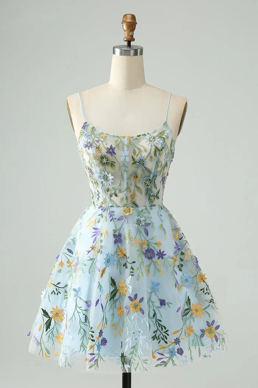 Dress Elegant Blue Flower A Line Corset Short Homecoming Dress Embroidery Party Dress