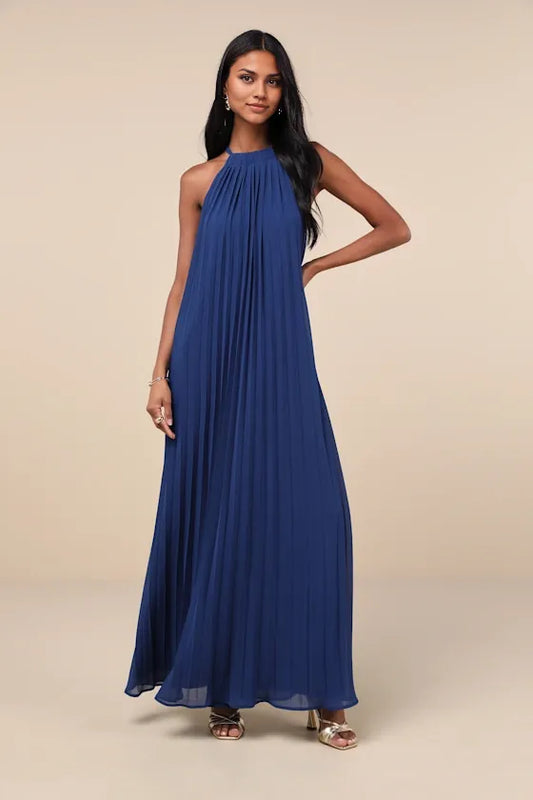 Dress Elegant Blue Pleated Chiffon Maxi Dress Evening Dress A-line Slit Sleeveless Solid Color Prom Dress