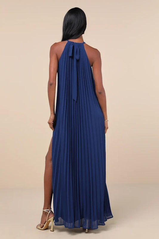 Dress Elegant Blue Pleated Chiffon Maxi Dress Evening Dress A-line Slit Sleeveless Solid Color Prom Dress