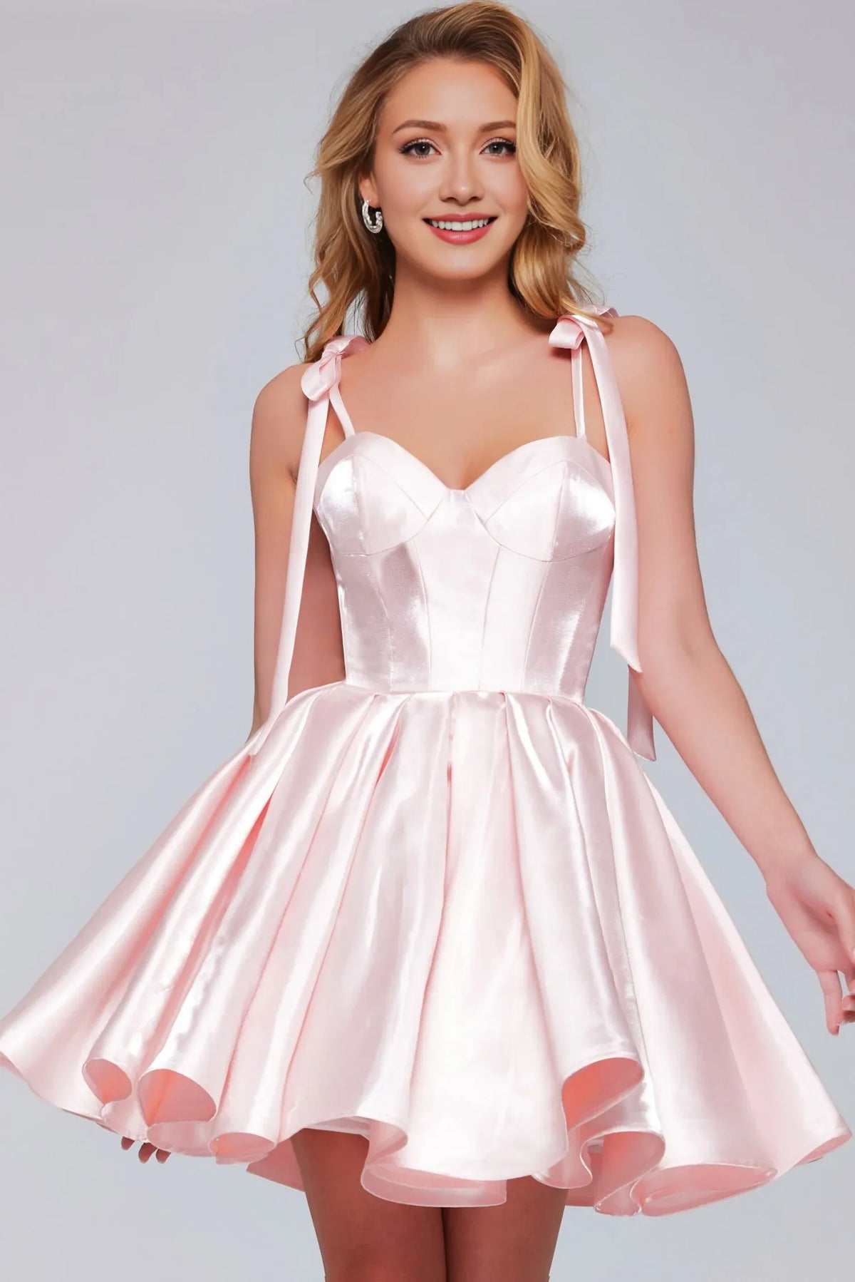 Dress Elegant Blush Satin Mini Dress Bow Strap Accents Sweetheart Neckline Flared Hem Showcasing Cute Allure Homecoming Dress