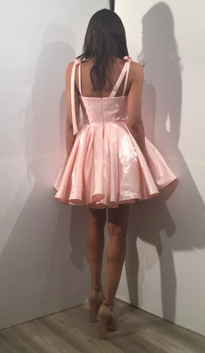 Dress Elegant Blush Satin Mini Dress Bow Strap Accents Sweetheart Neckline Flared Hem Showcasing Cute Allure Homecoming Dress
