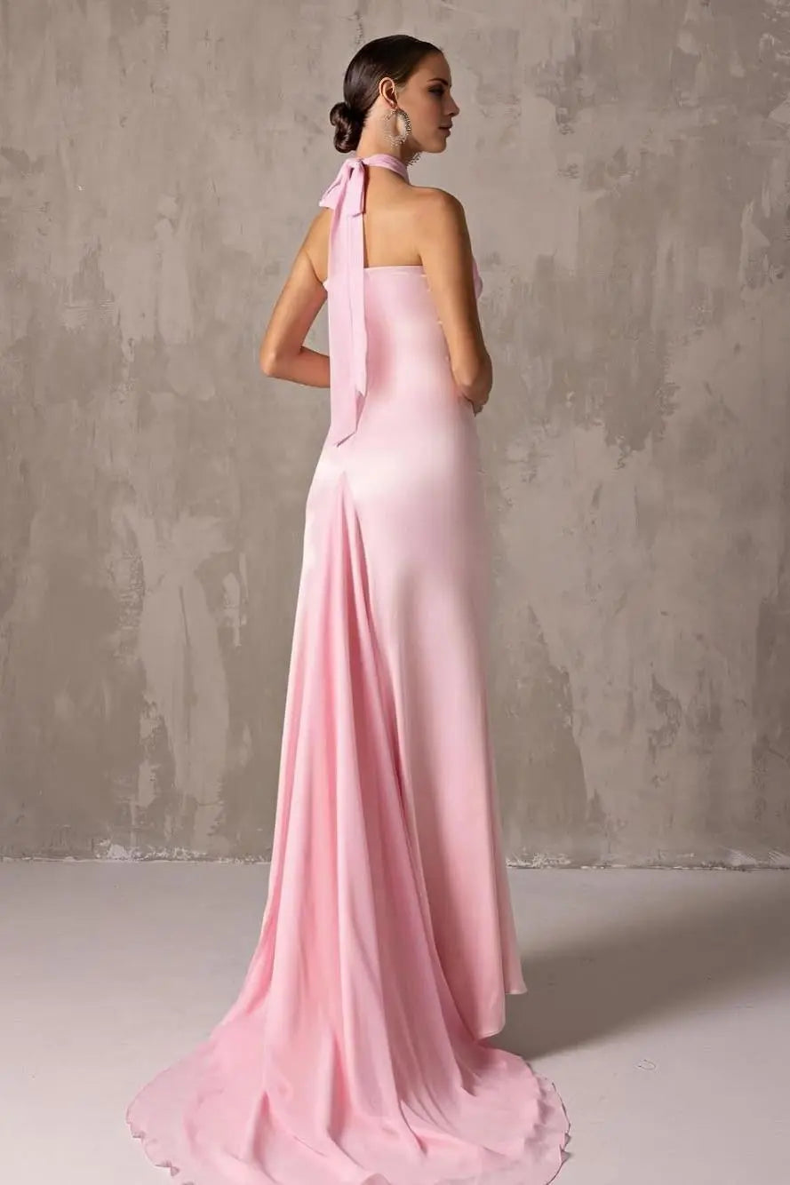 Dress Elegant Blushing Pink Satin Halter Sleeveless Maxi Dress Party Dress With Pleated Prom Dress