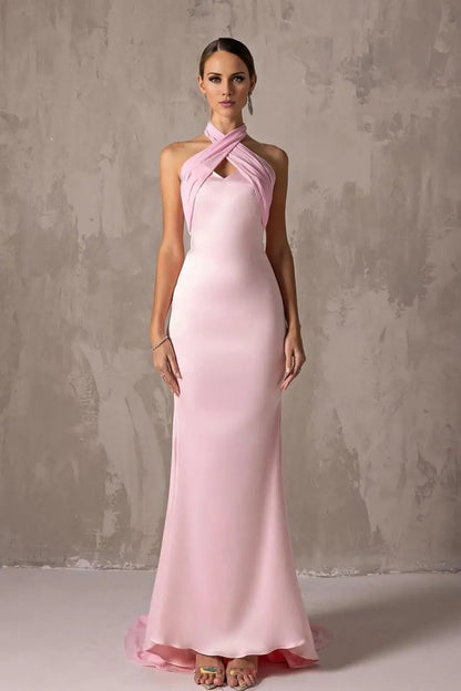Dress Elegant Blushing Pink Satin Halter Sleeveless Maxi Dress Party Dress With Pleated Prom Dress