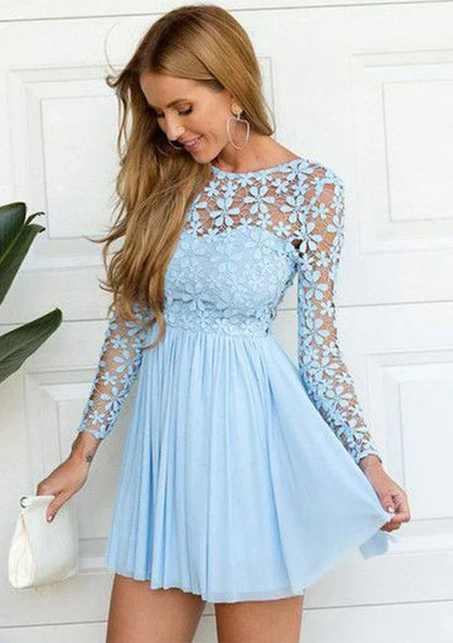Dress Elegant Chiffon Cocktail Party Dress Lace A-line Bateau Neck Long Sleeve Homecoming Dress