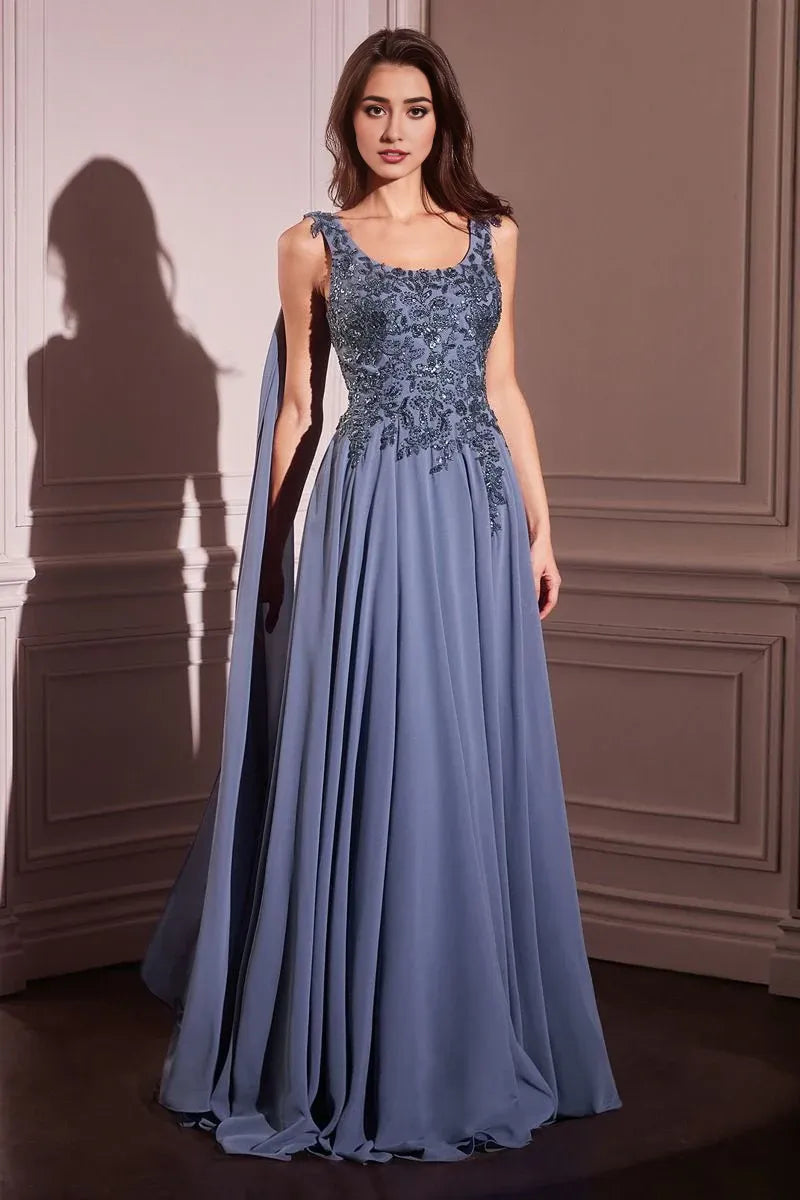 Dress Elegant Cowl Back Long Evening Gown A Line Cape Formal Dress Square Prom Dress With Applique