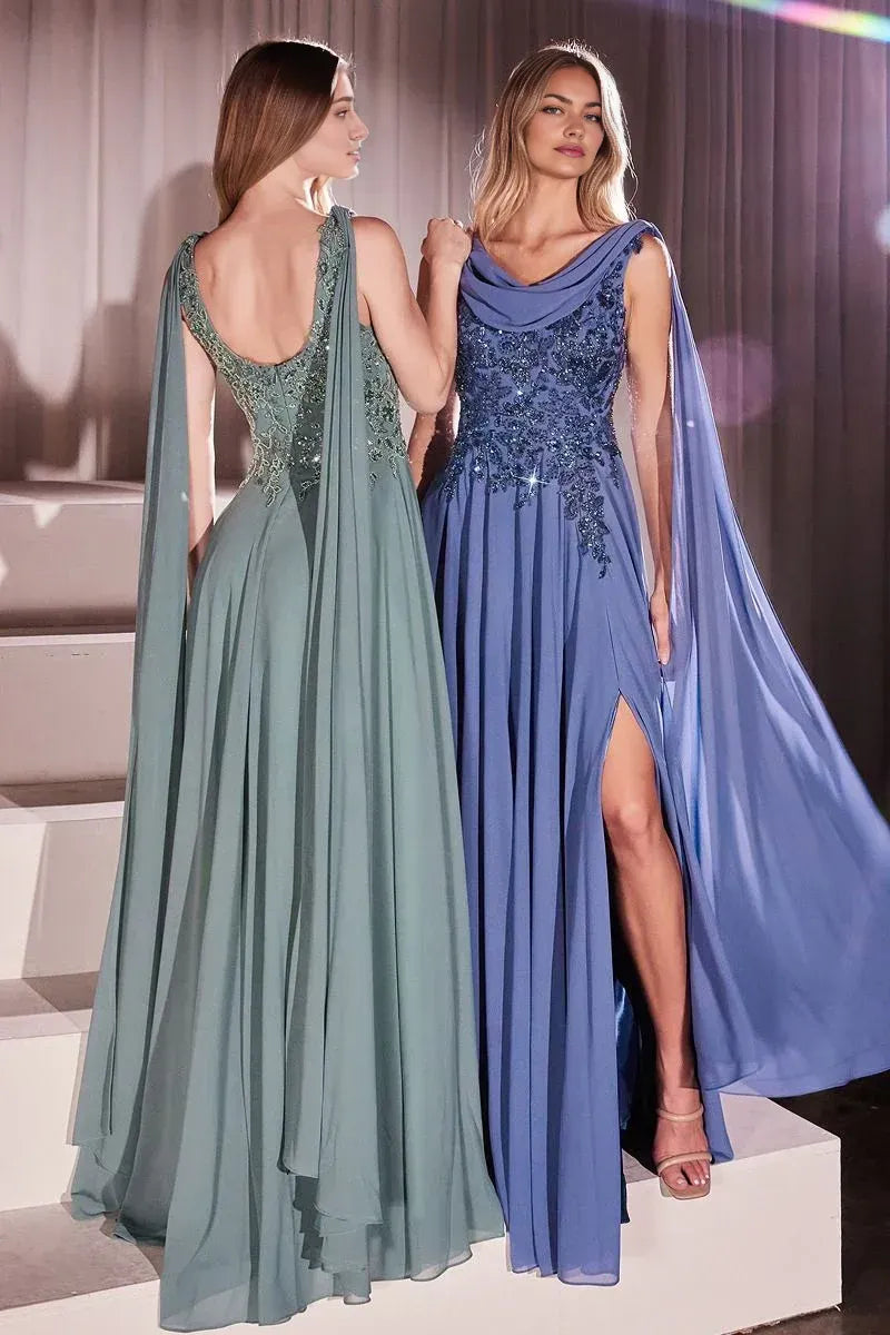 Dress Elegant Cowl Back Long Evening Gown A Line Cape Formal Dress Square Prom Dress With Applique