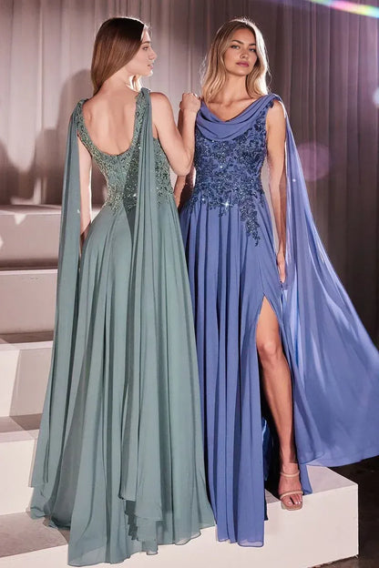 Dress Elegant Cowl Back Long Evening Gown A Line Cape Formal Dress Square Prom Dress With Applique
