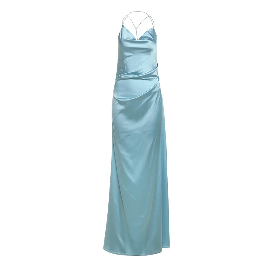 Dress Elegant Dress Women Backless Swing Collar Halter Sleeveless Satin Summer Trend Solid Simple Slim Maxi Bodycon Prom Dress