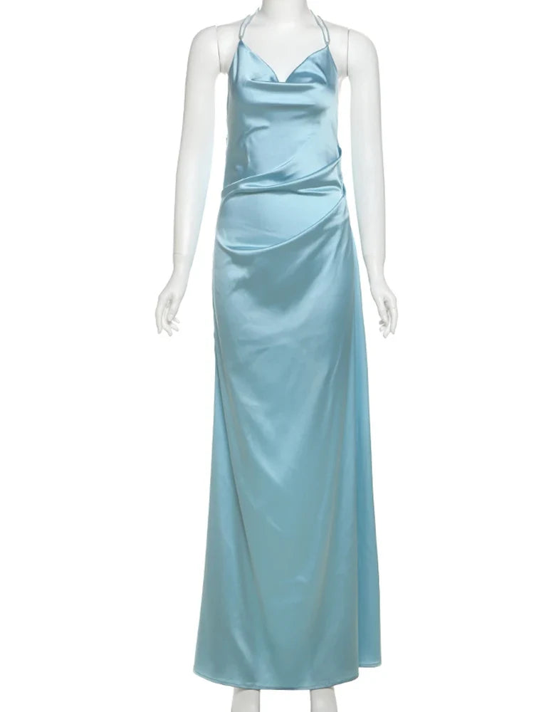 Dress Elegant Dress Women Backless Swing Collar Halter Sleeveless Satin Summer Trend Solid Simple Slim Maxi Bodycon Prom Dress
