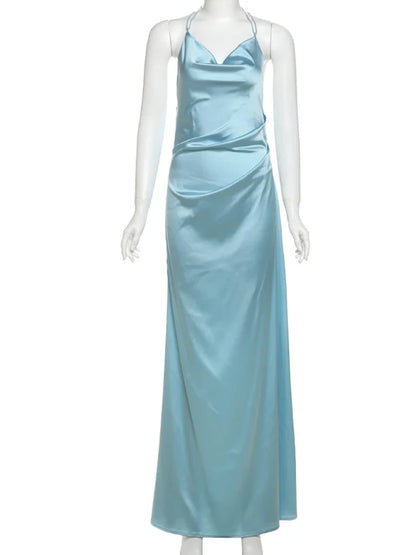 Dress Elegant Dress Women Backless Swing Collar Halter Sleeveless Satin Summer Trend Solid Simple Slim Maxi Bodycon Prom Dress