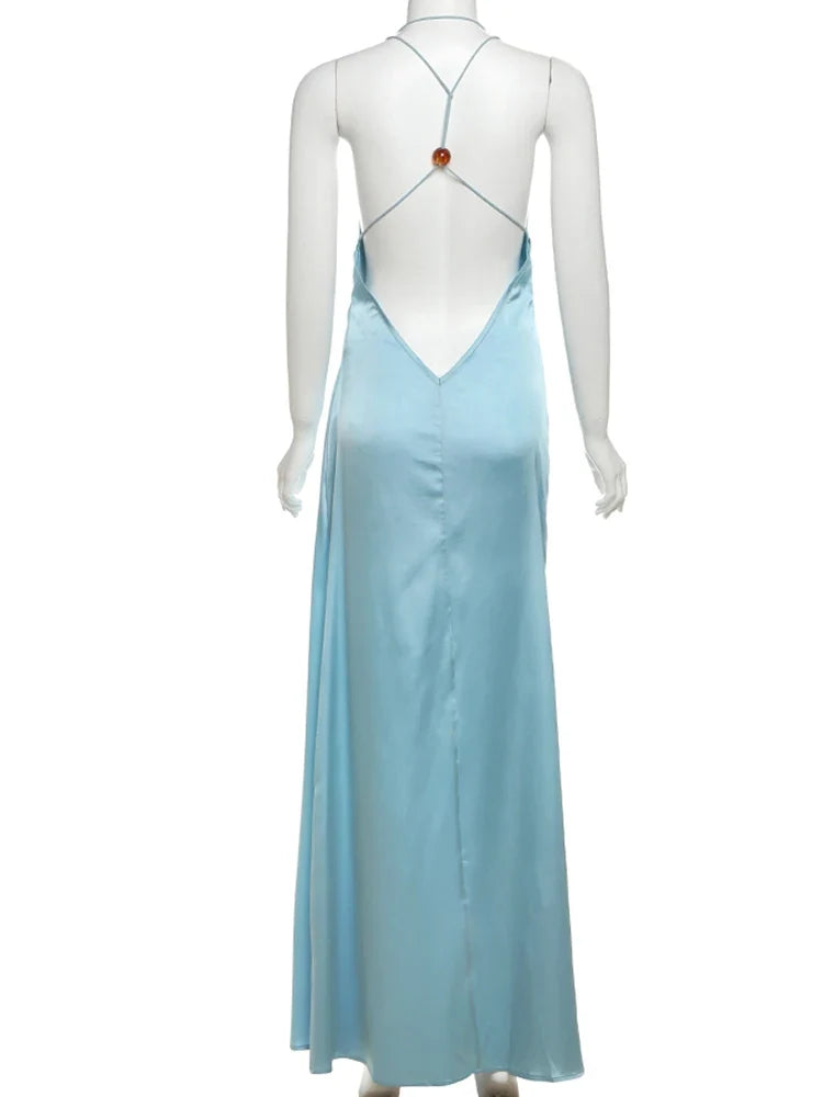 Dress Elegant Dress Women Backless Swing Collar Halter Sleeveless Satin Summer Trend Solid Simple Slim Maxi Bodycon Prom Dress