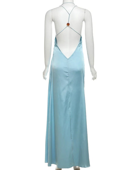 Dress Elegant Dress Women Backless Swing Collar Halter Sleeveless Satin Summer Trend Solid Simple Slim Maxi Bodycon Prom Dress