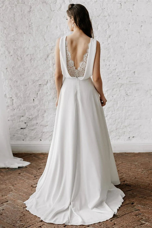 Dress Elegant Floral Lace Sleeveless V-Neck Maxi Dress Wedding Dress A-line Open Back Bride Dress