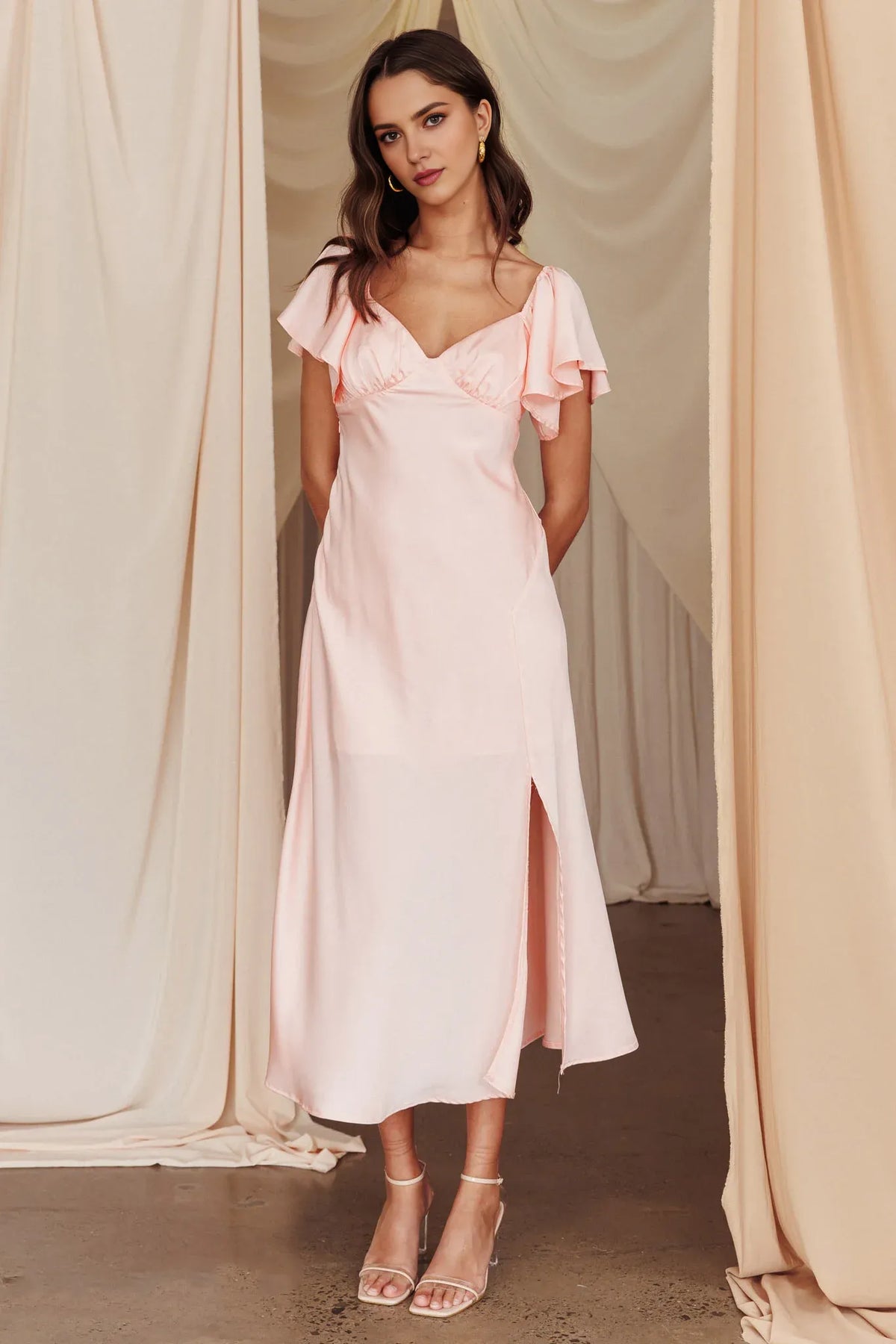 Dress Elegant Flutter Sleeve Side Split Midi Dress Sheath/Column Ankle-Length Satin Prom Dress