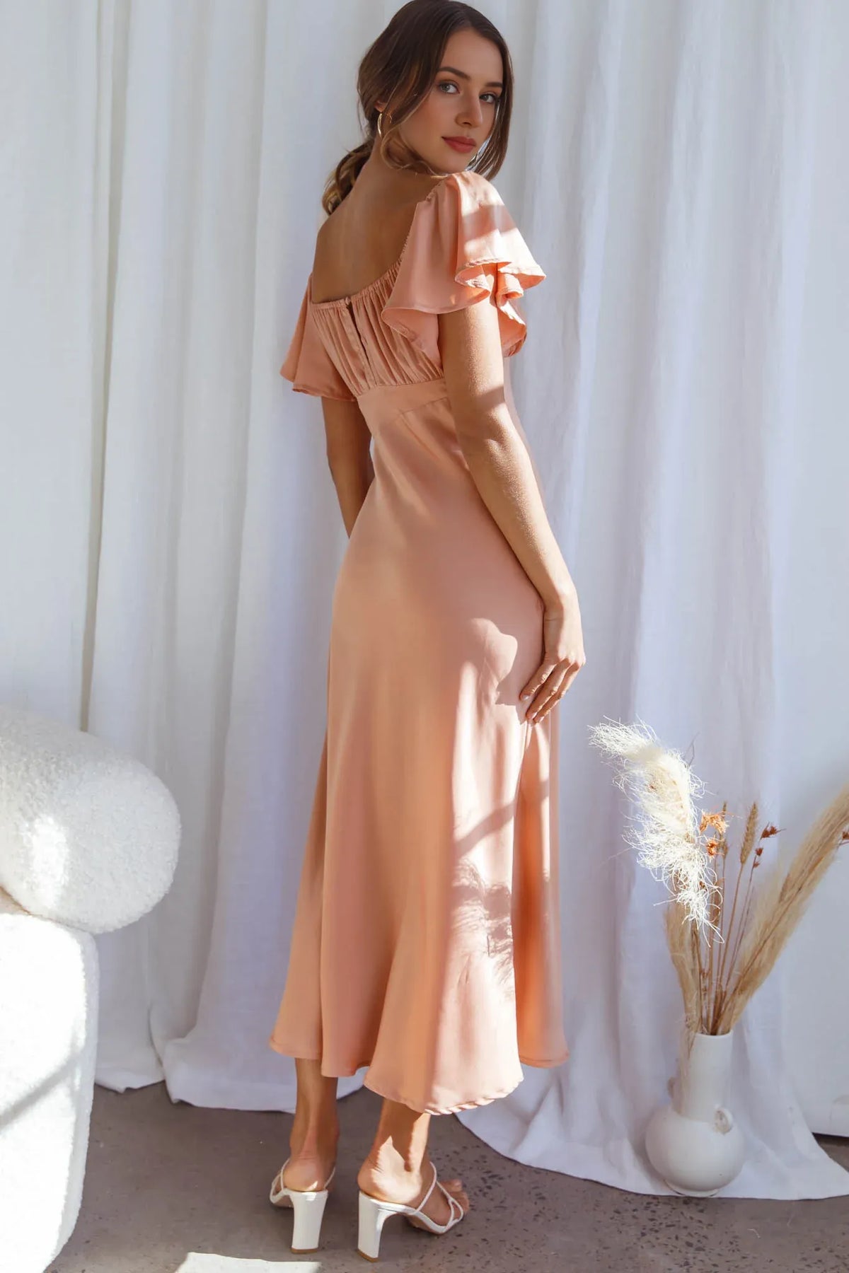 Dress Elegant Flutter Sleeve Side Split Midi Dress Sheath/Column Ankle-Length Satin Prom Dress