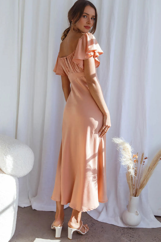 Dress Elegant Flutter Sleeve Side Split Midi Dress Sheath/Column Ankle-Length Satin Prom Dress