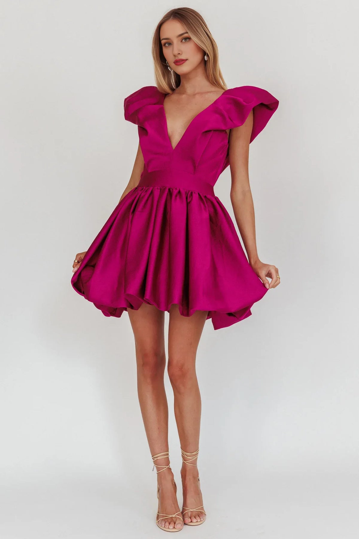 Dress Elegant Fuchsia Satin Dress Plunging V Neck Ruffled Cap Sleeve Detail Flared Skirt and Mini Length Homecoming Dress
