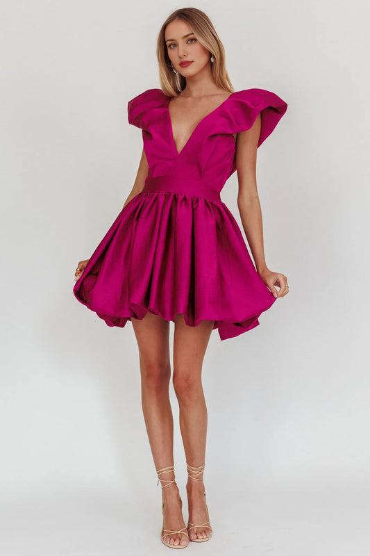 Dress Elegant Fuchsia Satin Dress Plunging V Neck Ruffled Cap Sleeve Detail Flared Skirt and Mini Length Homecoming Dress