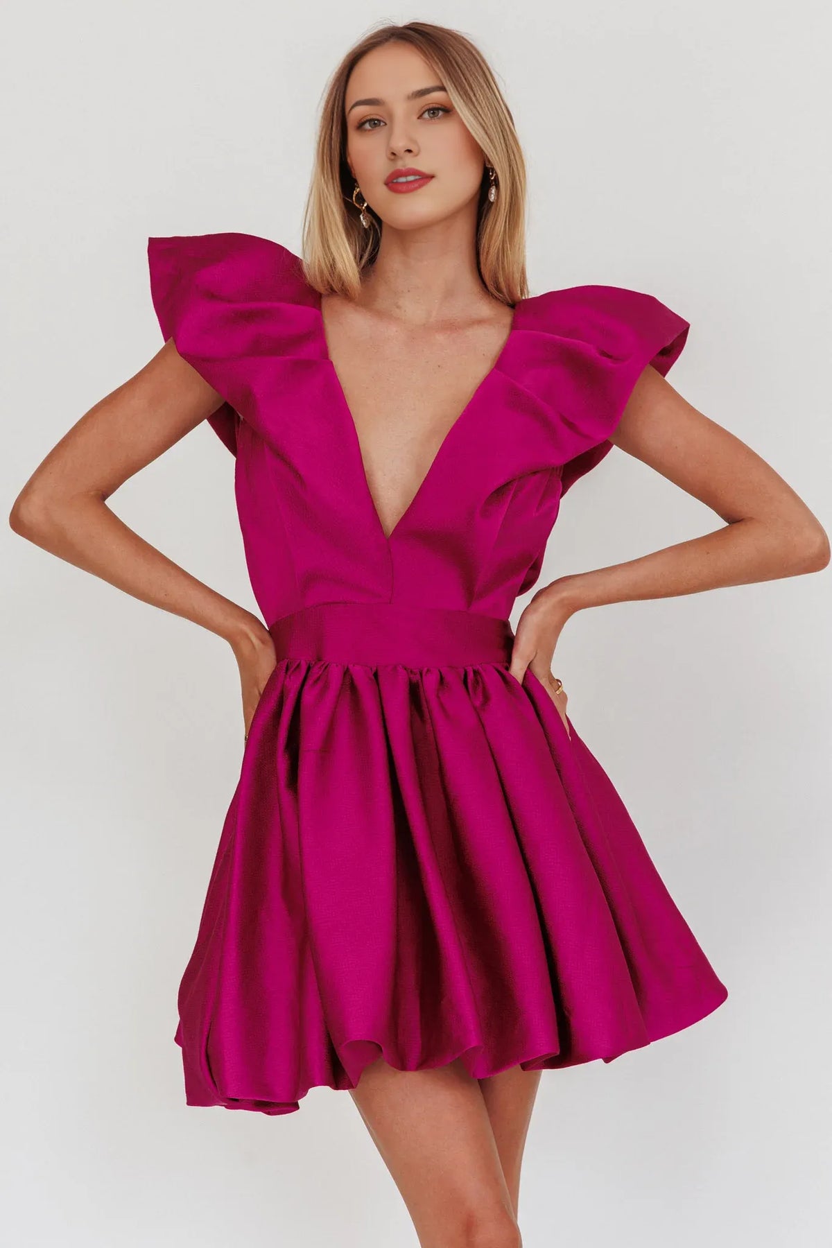 Dress Elegant Fuchsia Satin Dress Plunging V Neck Ruffled Cap Sleeve Detail Flared Skirt and Mini Length Homecoming Dress
