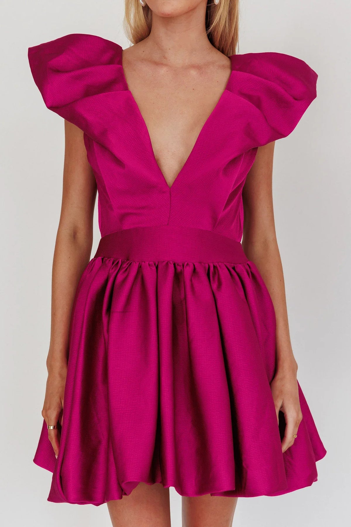 Dress Elegant Fuchsia Satin Dress Plunging V Neck Ruffled Cap Sleeve Detail Flared Skirt and Mini Length Homecoming Dress
