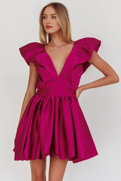 Dress Elegant Fuchsia Satin Dress Plunging V Neck Ruffled Cap Sleeve Detail Flared Skirt and Mini Length Homecoming Dress