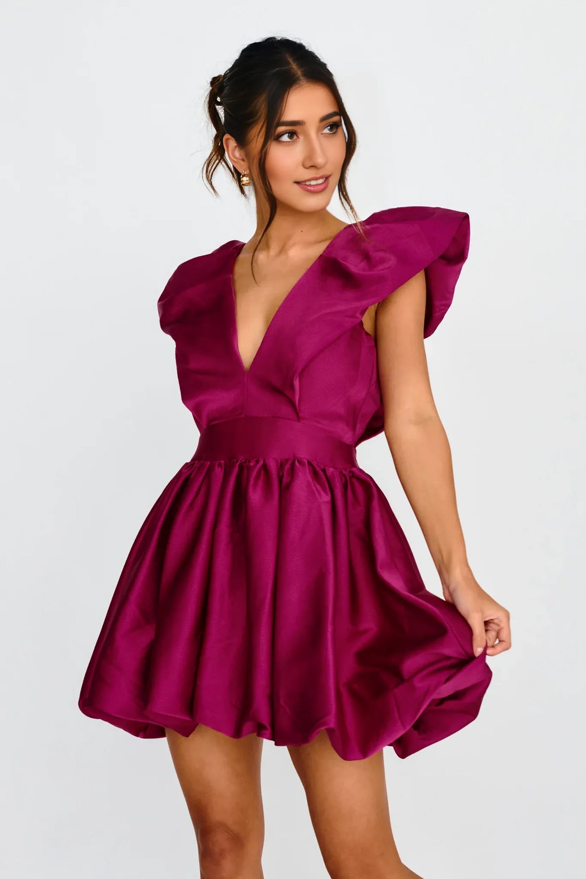 Dress Elegant Fuchsia Satin Dress Plunging V Neck Ruffled Cap Sleeve Detail Flared Skirt and Mini Length Homecoming Dress