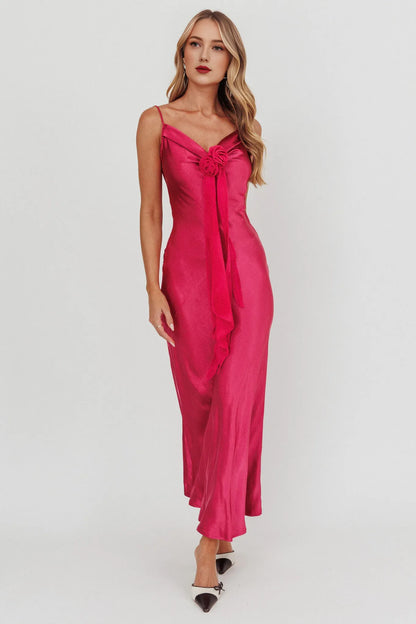 Dress Elegant Fuchsia Satin Gown Spaghetti Strap V Neck Bow Ruffle Accent and Floor Length Silhouette Prom Dress