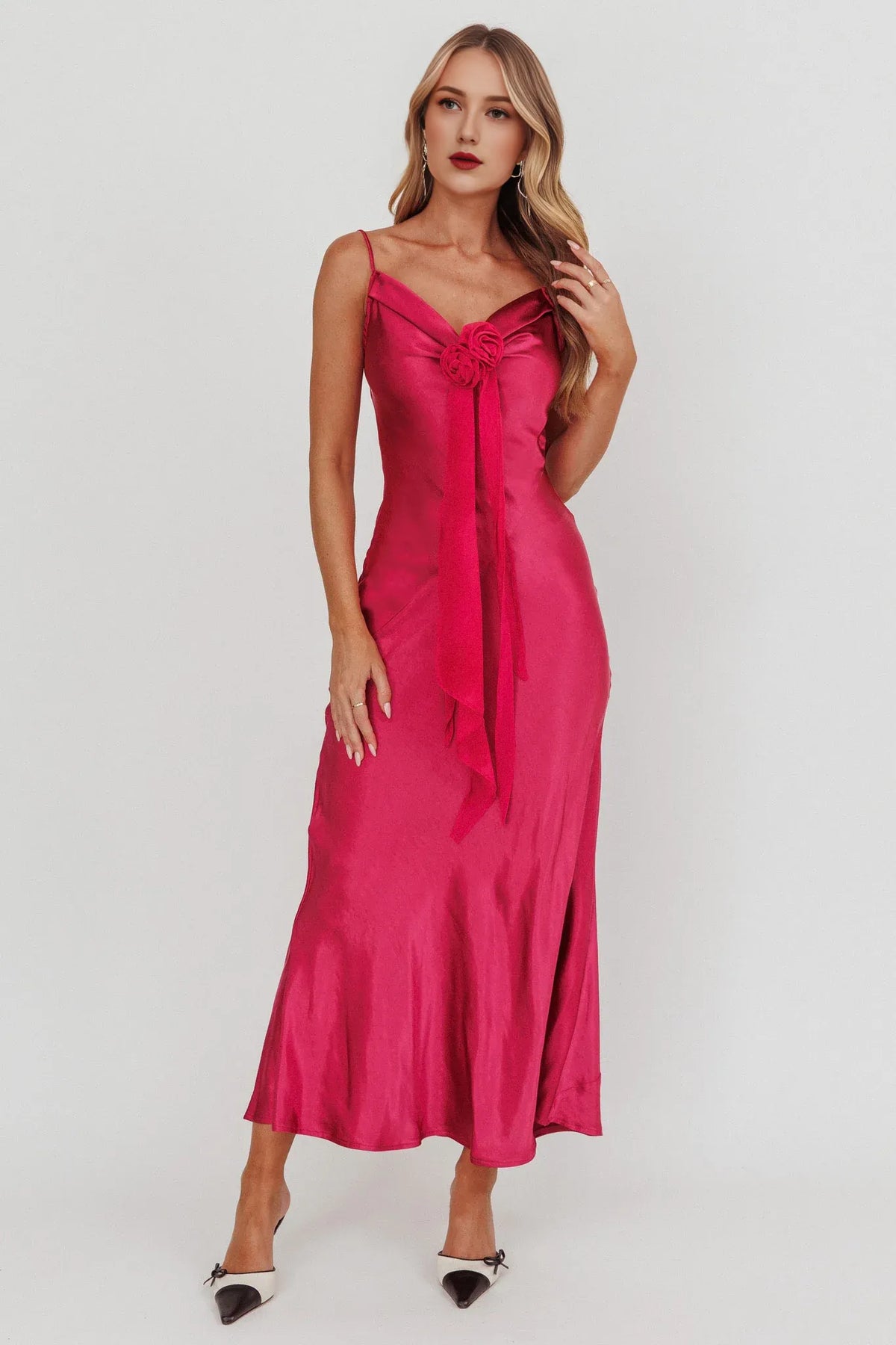 Dress Elegant Fuchsia Satin Gown Spaghetti Strap V Neck Bow Ruffle Accent and Floor Length Silhouette Prom Dress