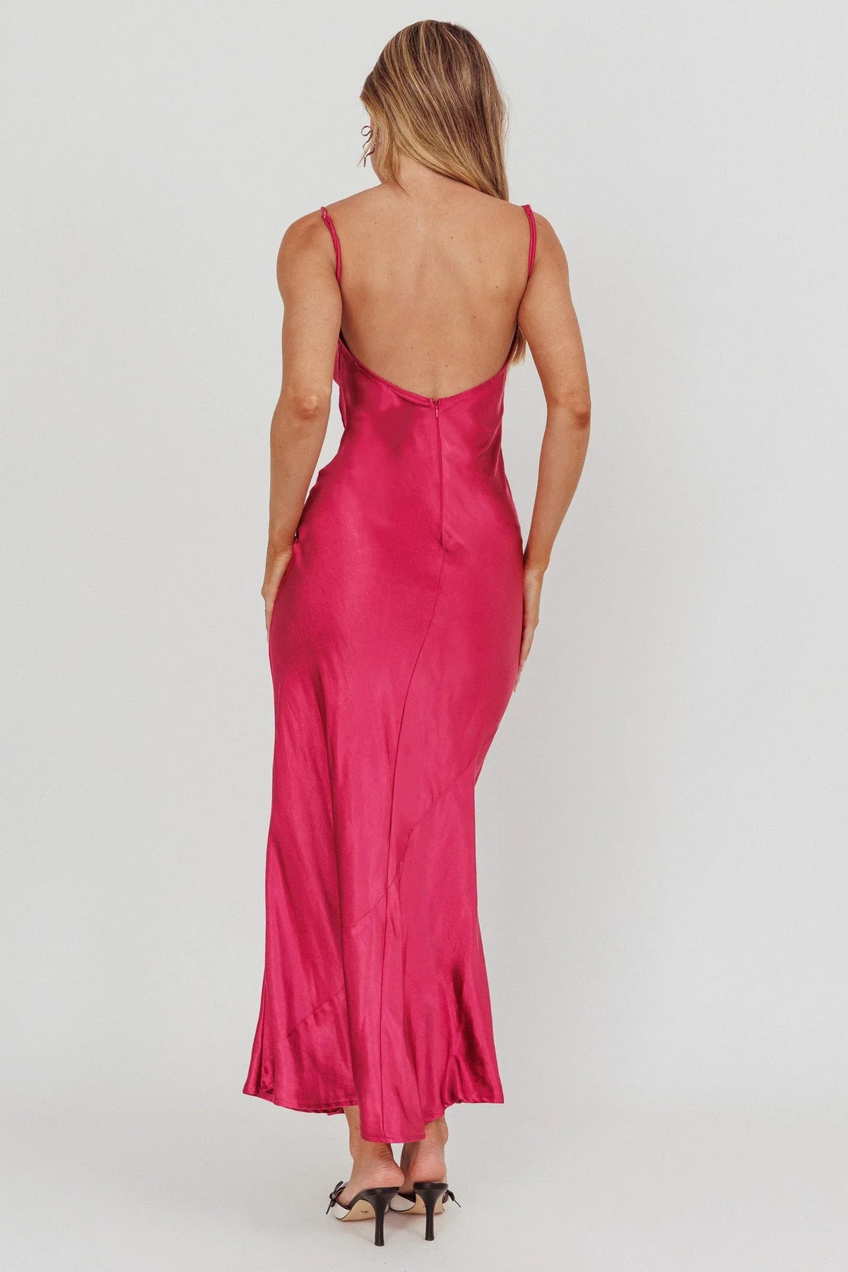 Dress Elegant Fuchsia Satin Gown Spaghetti Strap V Neck Bow Ruffle Accent and Floor Length Silhouette Prom Dress