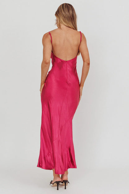 Dress Elegant Fuchsia Satin Gown Spaghetti Strap V Neck Bow Ruffle Accent and Floor Length Silhouette Prom Dress