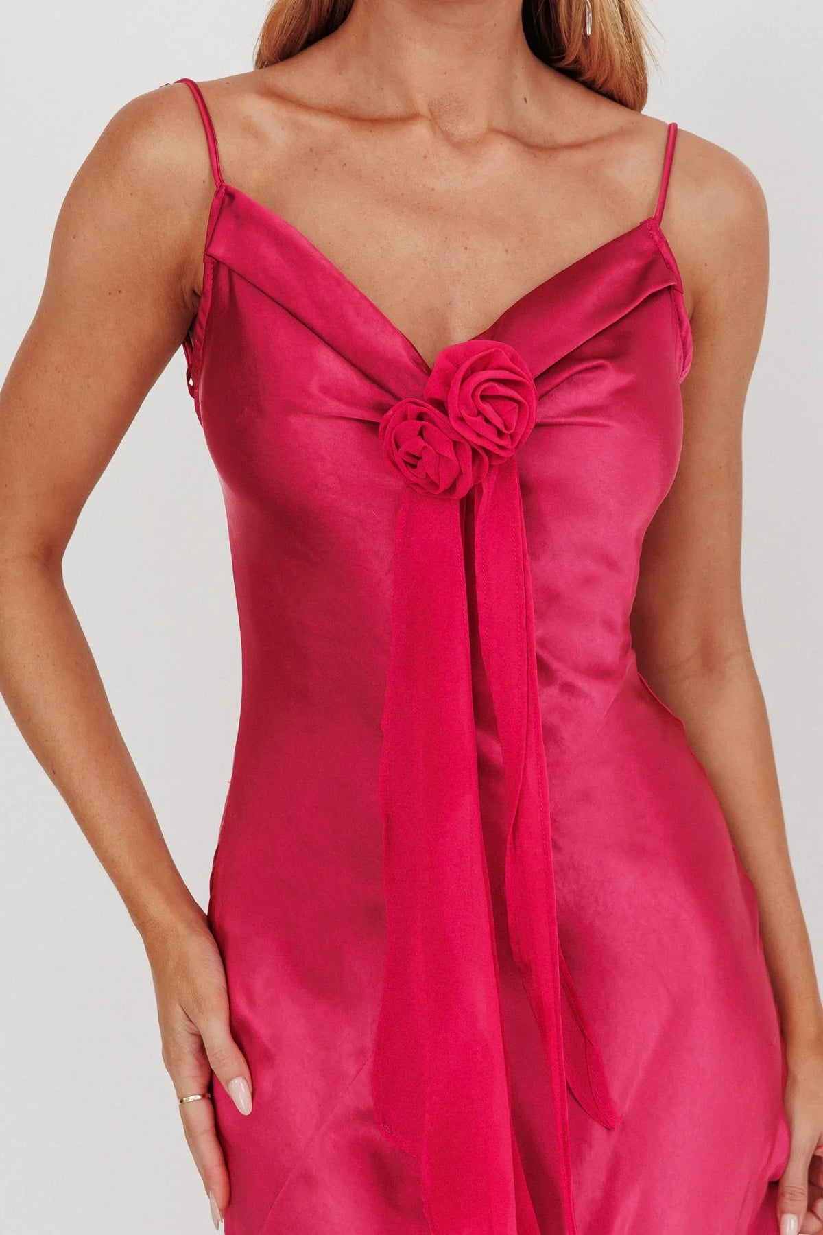 Dress Elegant Fuchsia Satin Gown Spaghetti Strap V Neck Bow Ruffle Accent and Floor Length Silhouette Prom Dress