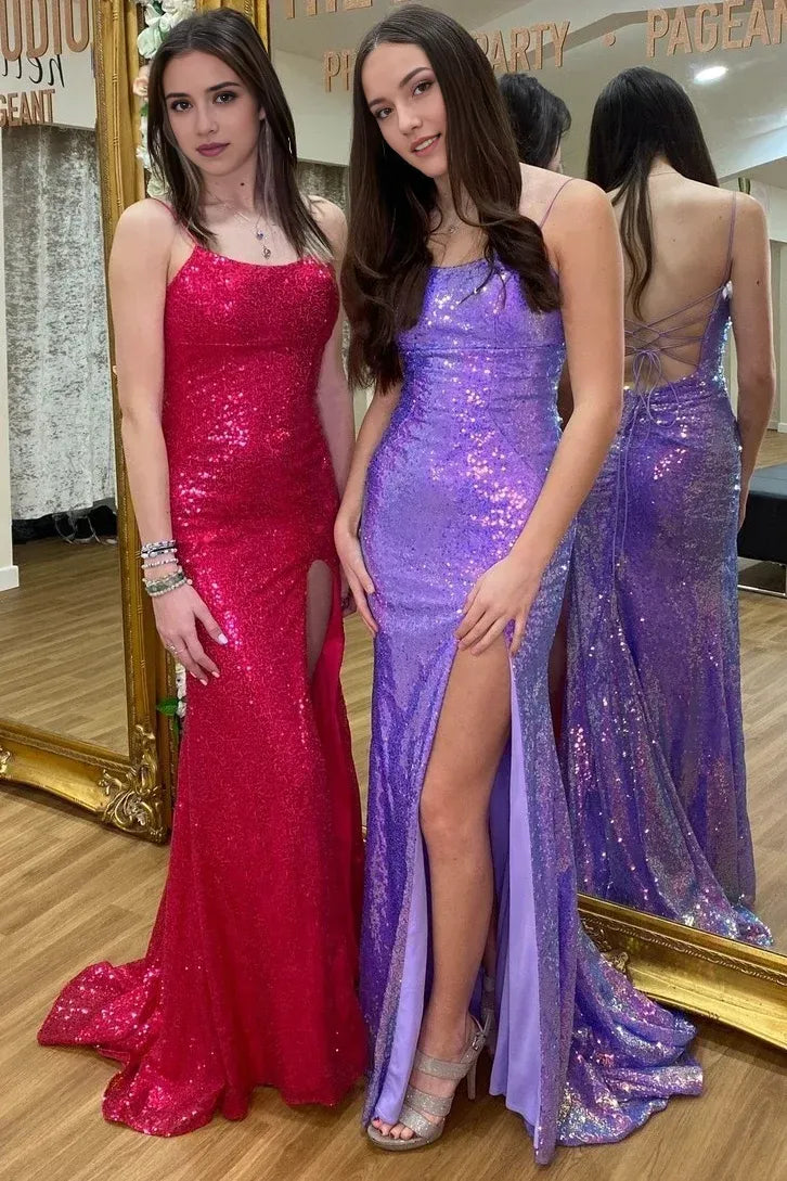 Dress Elegant Fuchsia Sequin Straps Mermaid Party Gown Maxi Dress Prom Dress