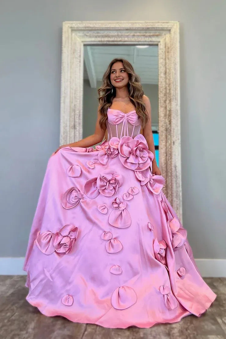 Dress Elegant Gorgeous Ball Gown Sweetheart Pink Satin Prom Dress with Handmade Flowers