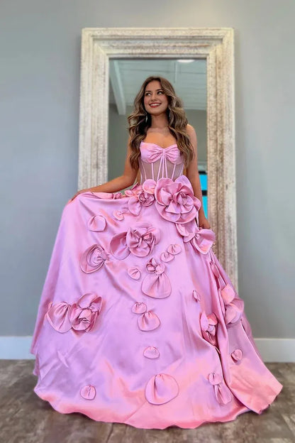 Dress Elegant Gorgeous Ball Gown Sweetheart Pink Satin Prom Dress with Handmade Flowers