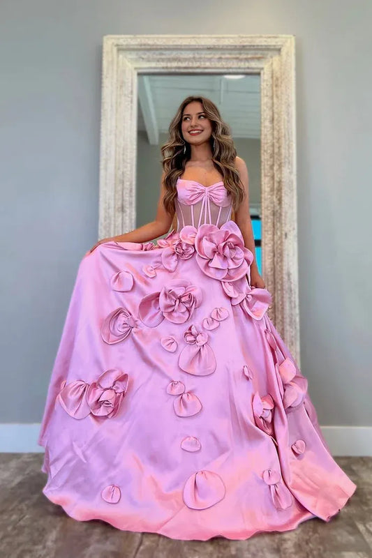 Dress Elegant Gorgeous Ball Gown Sweetheart Pink Satin Prom Dress with Handmade Flowers