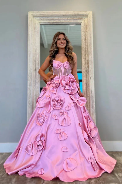 Dress Elegant Gorgeous Ball Gown Sweetheart Pink Satin Prom Dress with Handmade Flowers