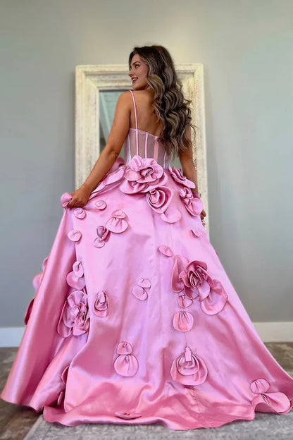 Dress Elegant Gorgeous Ball Gown Sweetheart Pink Satin Prom Dress with Handmade Flowers