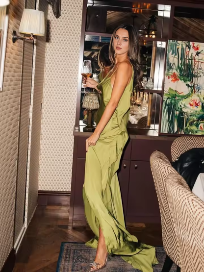 Dress Elegant Green Satin Ruffles Sling Long Dress Women Sexy Backless Sleeveless Split Slim Dresses Lady New Party Club Prom Dress