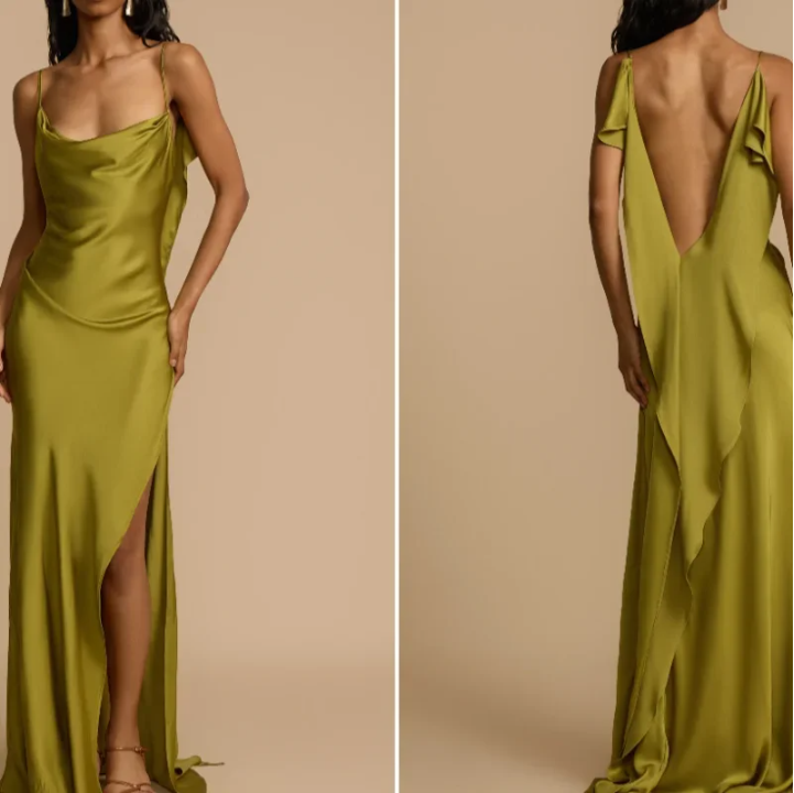 Dress Elegant Green Satin Ruffles Sling Long Dress Women Sexy Backless Sleeveless Split Slim Dresses Lady New Party Club Prom Dress