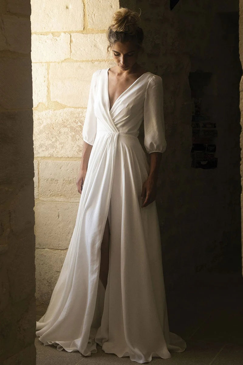 Dress Elegant Half Sleeves Open Back Wedding Dress V-Neck A-line With Hight Slit Bride Dress